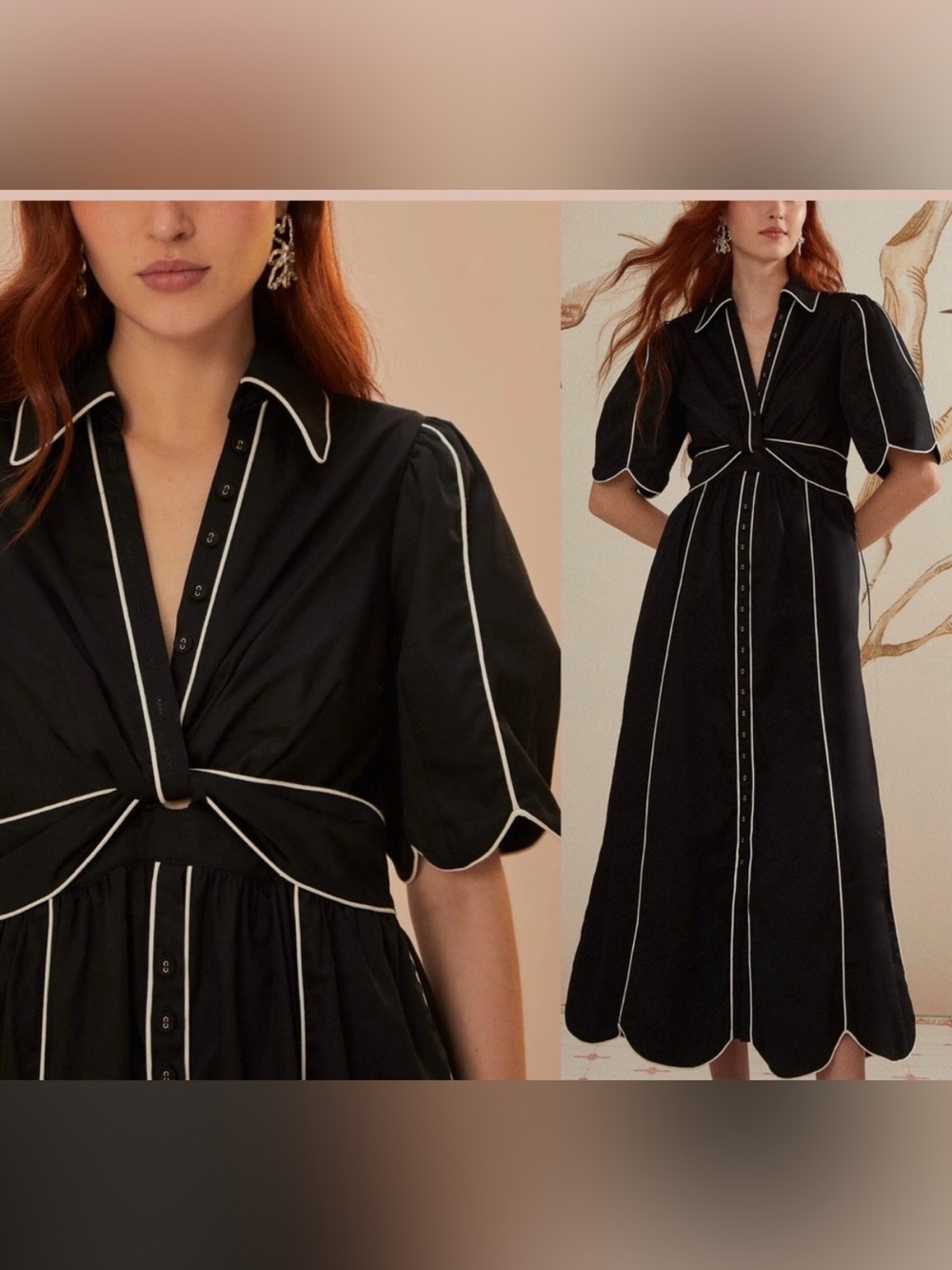 Farm Rio Twisted Cotton Midi Dress with white piping and scalloped hem line. M. - Picture 4 of 11